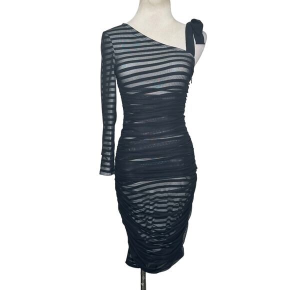 BCBGMAXAZRIA Black Striped One Shoulder Mesh Overlay Cocktail Dress size XS - Picture 11 of 16